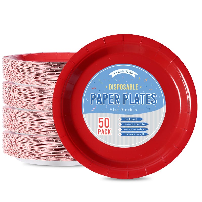 Tyzarglef Disposable Paper Plates Red 50 Count 9 Dinner Plates Bulk for Party Supplies Colored and Sturdy Party Plates for Birthday Christmas Baby shower Bridal party supplies